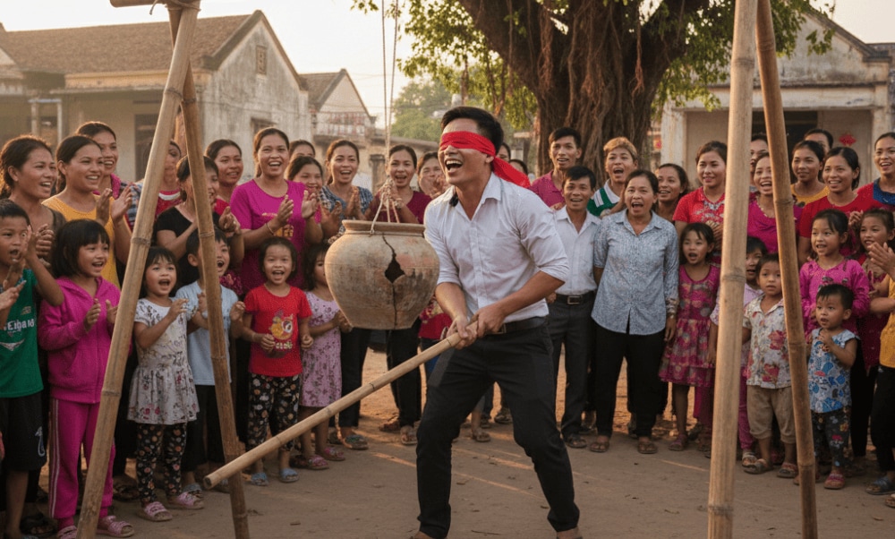With eyes blindfolded and cheers from the crowd, players try to smash a hanging clay pot using only a bamboo stick