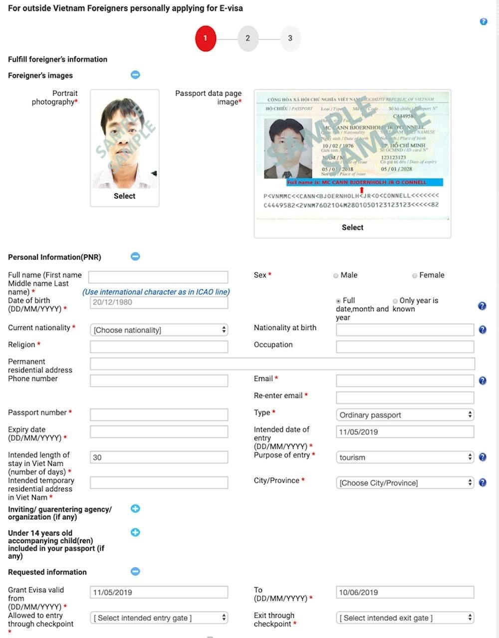A sample of required information when applying for e-visa