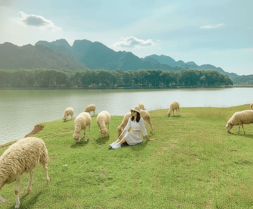 Van Long’s sheep field is a charming spot where visitors can enjoy the rural setting and capture memorable photo