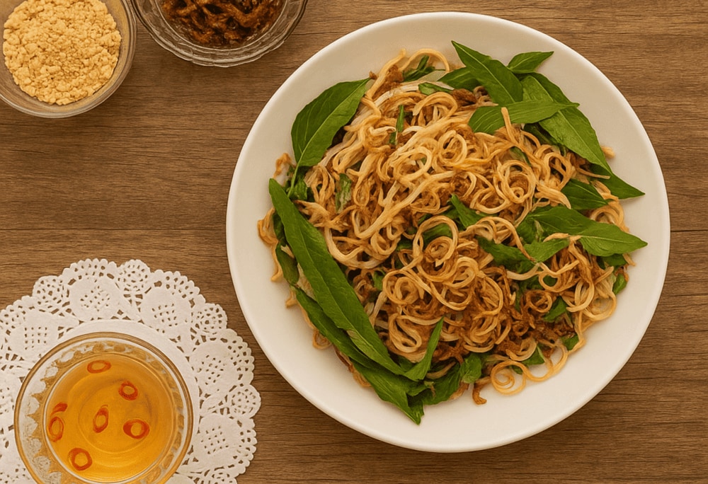 Banana flower salad with harmonious sweet, sour, salty, and spicy flavors, crunchy banana flowers mixed with herbs, creating a unique and attractive flavor
