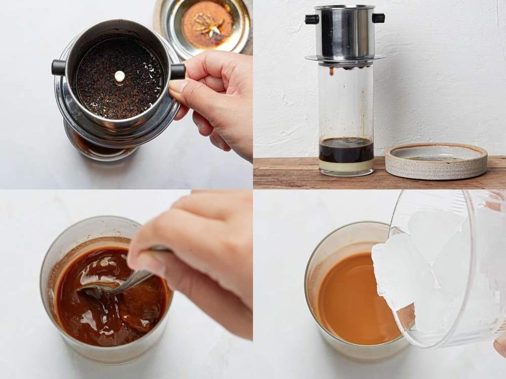 Step-by-step photo sequence showing the traditional Vietnamese coffee brewing process.