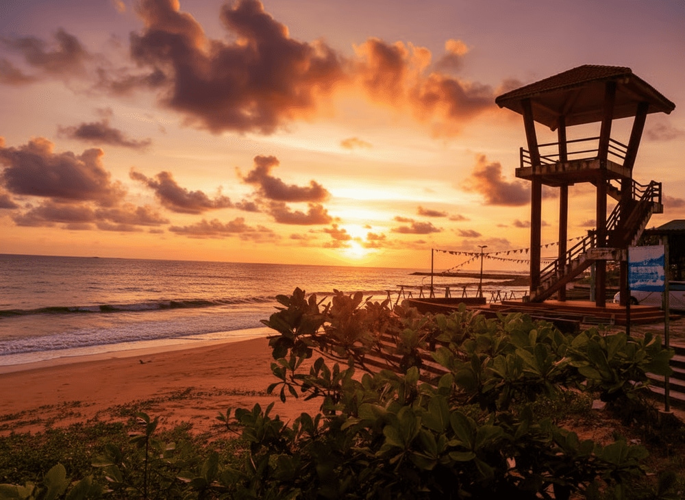 The beach’s pristine stretch is perfect for leisurely walks and peaceful seaside moments
