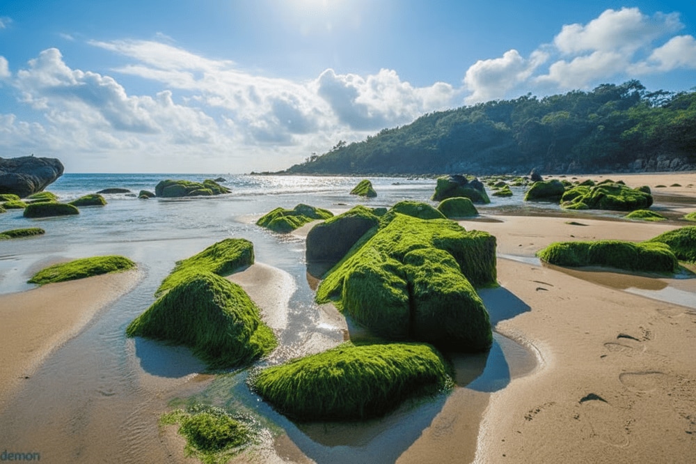 Đặc trưng của bãi biển Nam Ô là những rạn đá lớn nhỏ được phủ đầy rêu xanh.