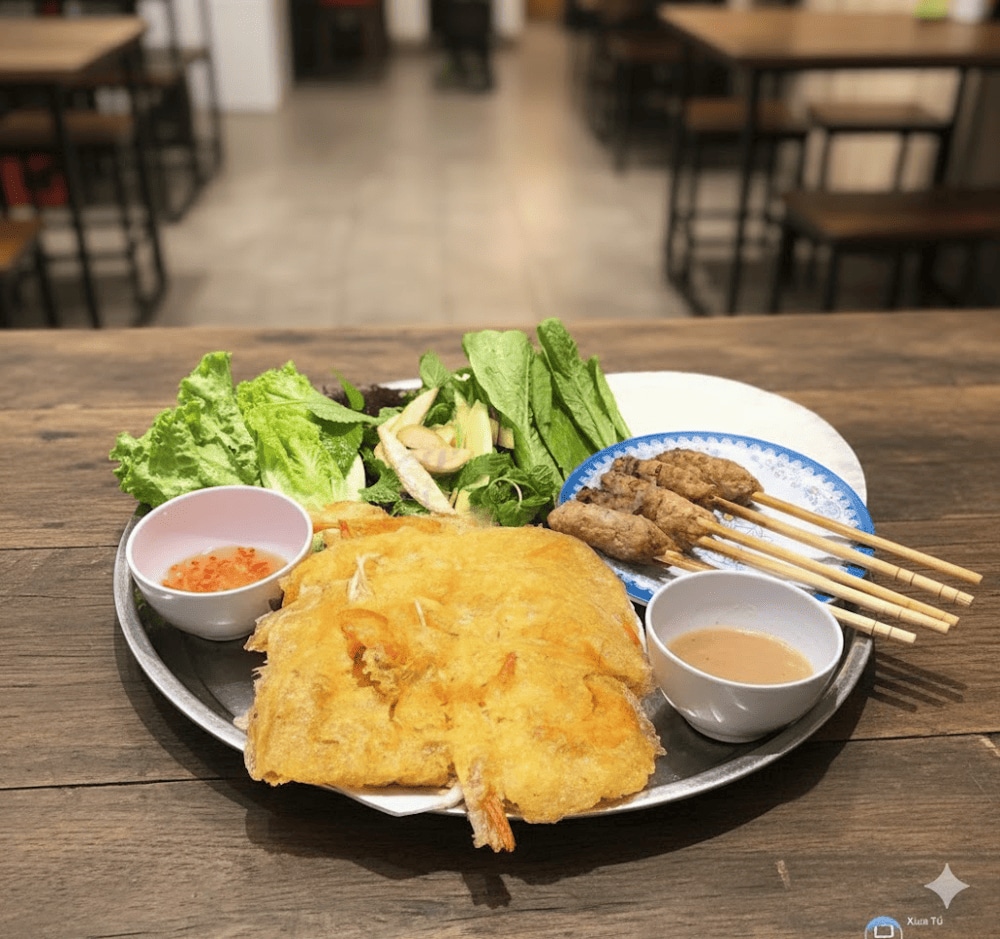 Bánh xèo Sáu Phước có nhân tôm và thịt đầy đặn, gia vị đậm đà, kết hợp hoàn hảo với lớp vỏ giòn tan