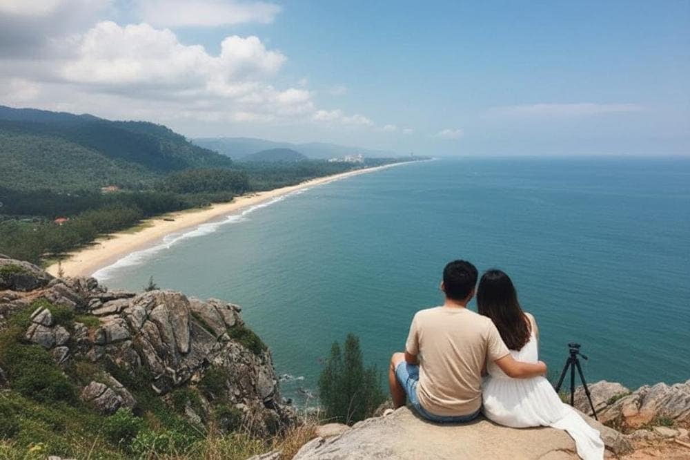 Đứng trên Mỏm đá Mặt Trời bạn có thể nhìn thấy toàn cảnh biển Hải Hòa.