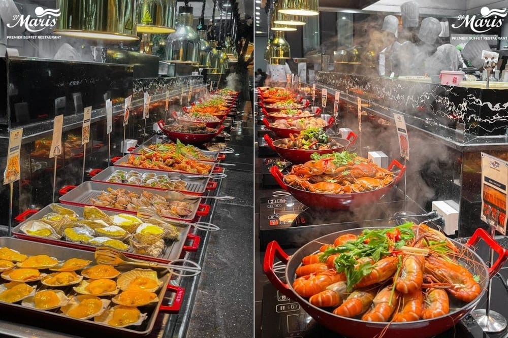 Thực khách sẽ được tận mắt chiêm ngưỡng quy trình chế biến và thưởng thức thỏa thích hàng trăm món hải sản đặc sắc tại D’Maris (Nguồn: D'Maris Buffet)