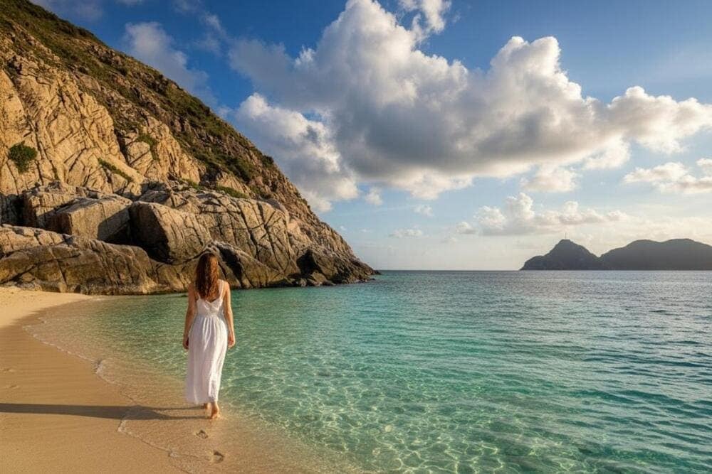 Bãi Minh Châu có cát trắng như pha lê, sóng nhẹ nhàng, hoàn hảo cho gia đình và trẻ nhỏ