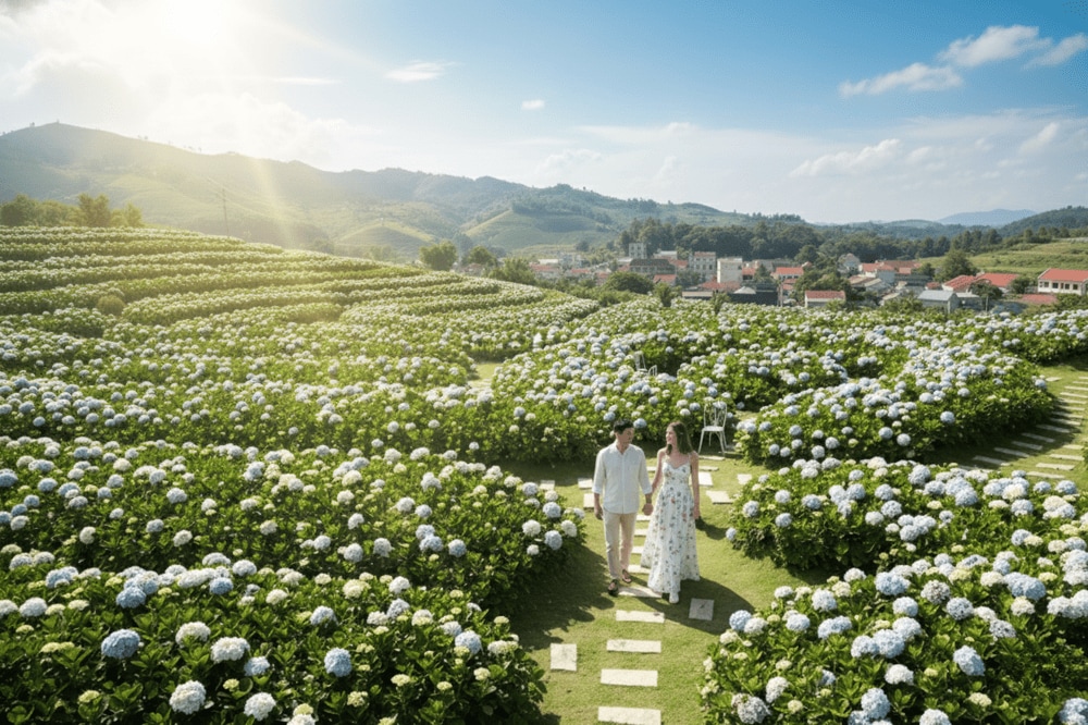 Cặp đôi nắm tay nhau giữa vườn hoa thơ mộng, xinh đẹp.