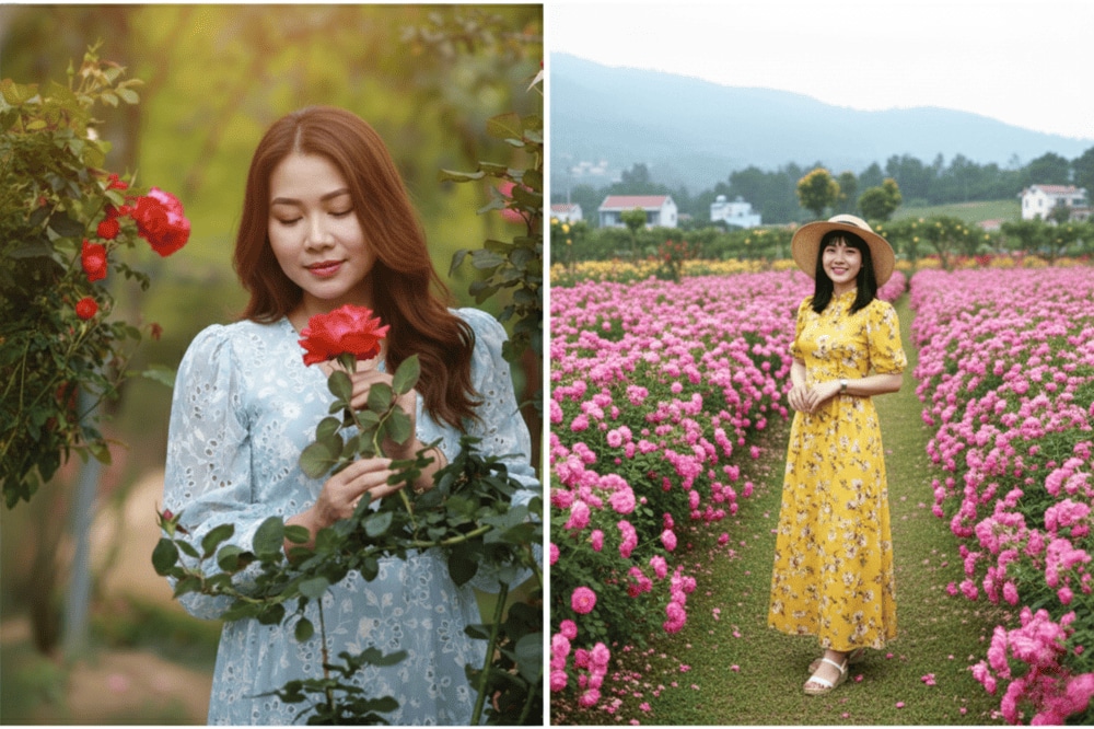 Hóa thân thành nàng công chúa lạc vào vườn hoa hồng xinh đẹp.