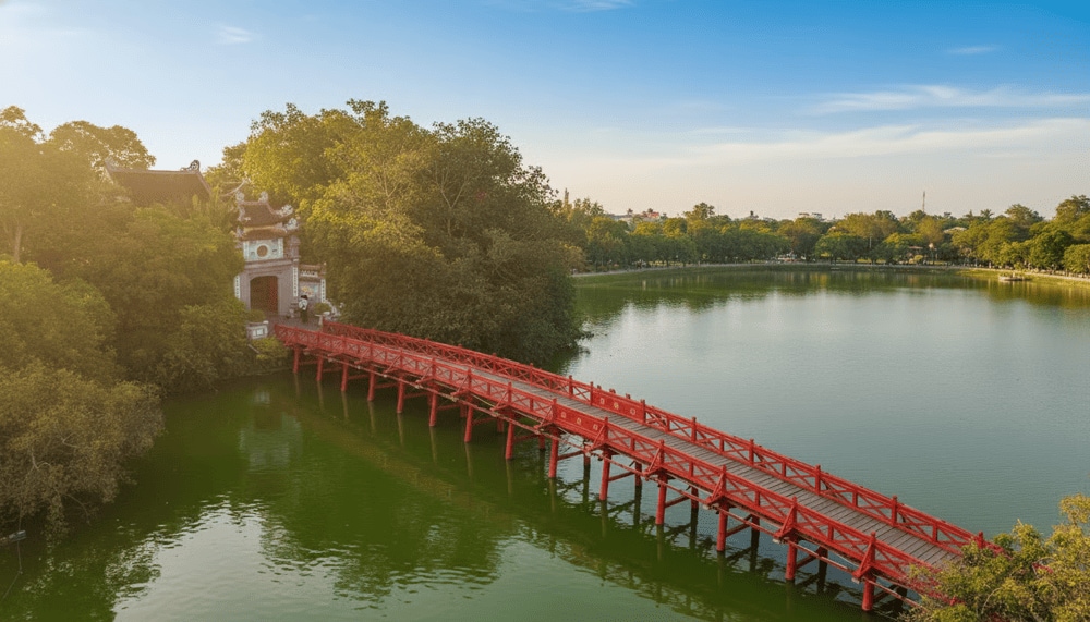 Hình ảnh cầu Thê Húc từ trên cao nhìn xuống