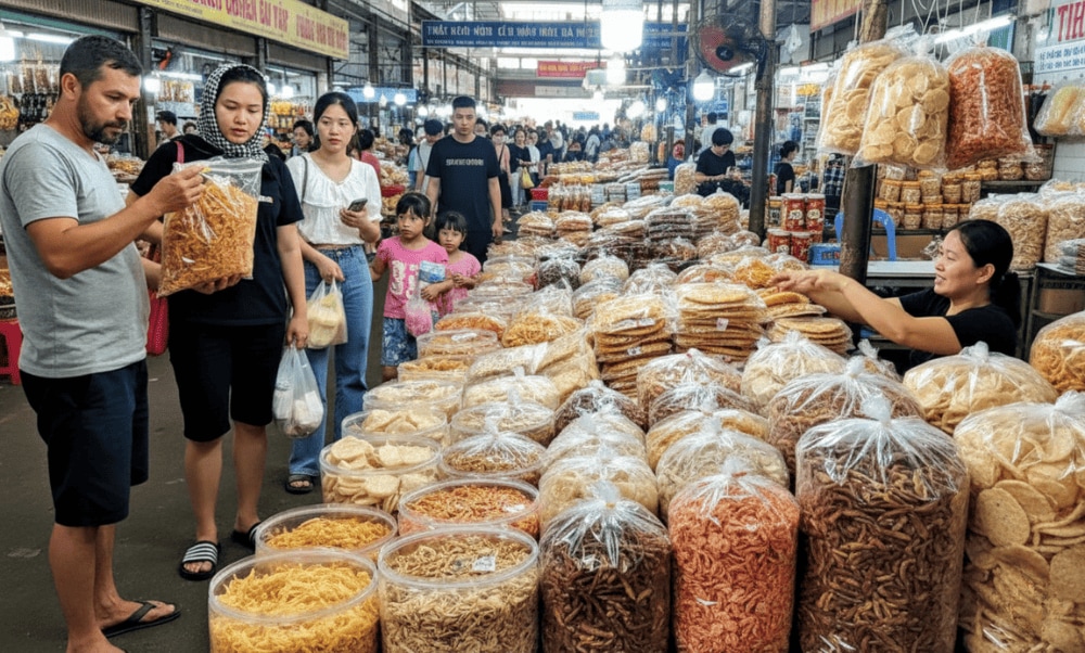Các loại bánh kẹo, đồ khô đặc sản Đà Nẵng có thể được tìm thấy trong nhiều gian hàng tại chợ Cồn