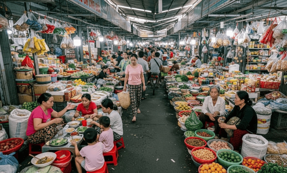 Các quầy hàng di động và cố định bán các món ăn đường phố như nem lụi, bánh tráng cuốn thịt heo, chè các loại và nước giải khát