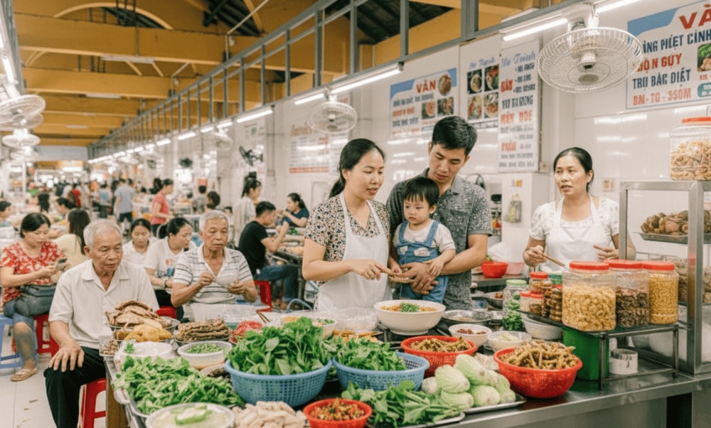 Khu ẩm thực trong nhà tập trung nhiều quầy hàng ăn uống trong không gian kín đáo và sạch sẽ