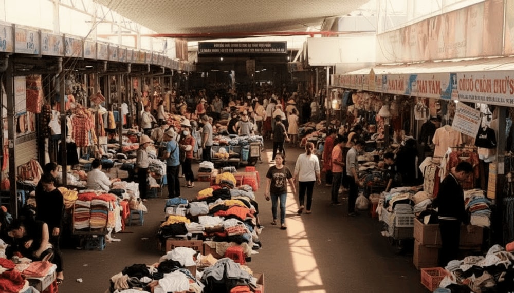 Khu vực riêng biệt cho hàng thời trang cũ gồm quần áo, giày dép, túi xách và phụ kiện đã qua sử dụng