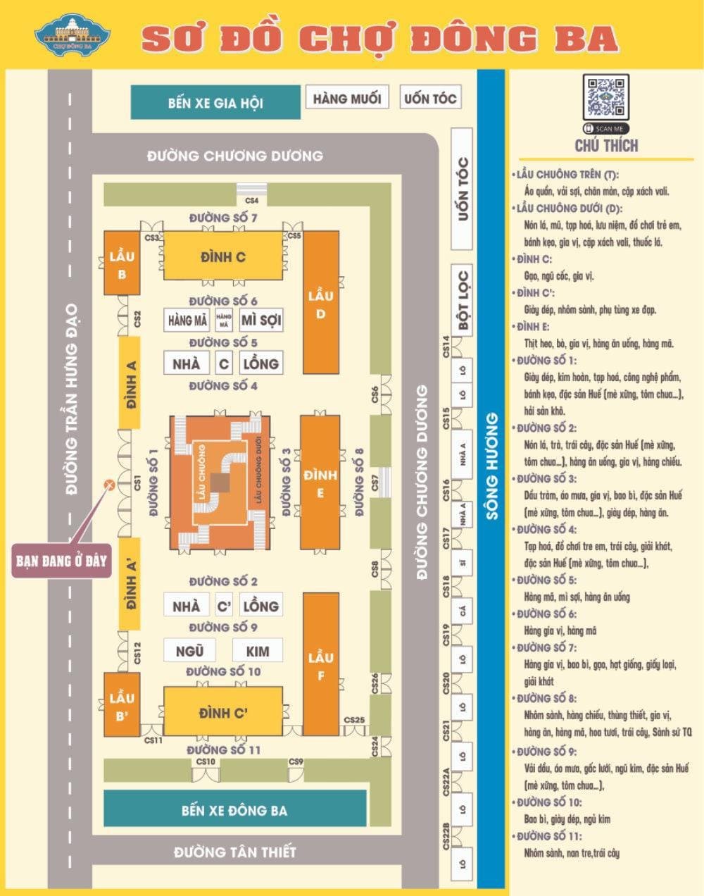Sơ đồ chợ Đông Ba hiện tại (Nguồn: chodongba.com.vn)