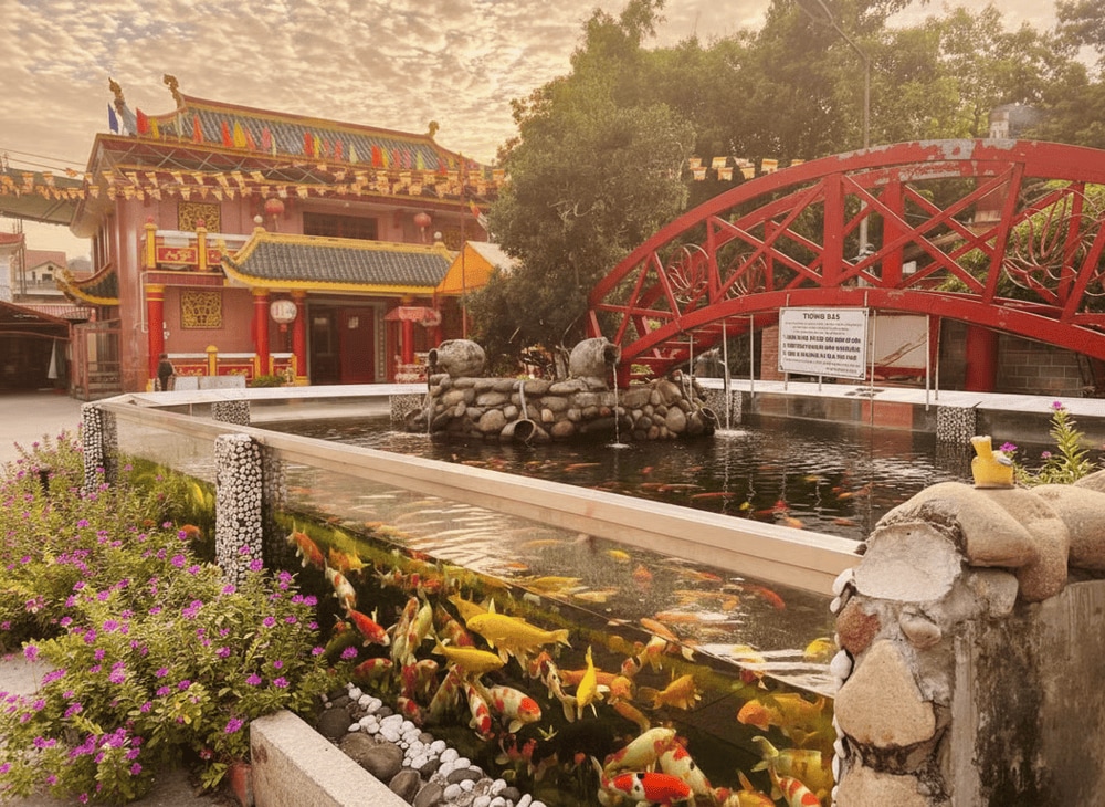 Hồ cá và cầu nhỏ ở khu vực trước chùa