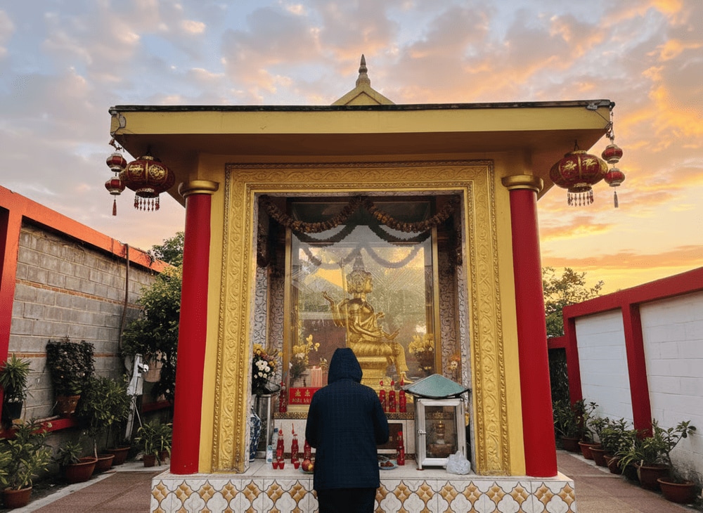 Người dân và du khách đến chiêm bái, cầu nguyện tại Thần Tứ Diện thường chuẩn bị lễ vật cúng dường bao gồm chai nước ngọt màu đỏ