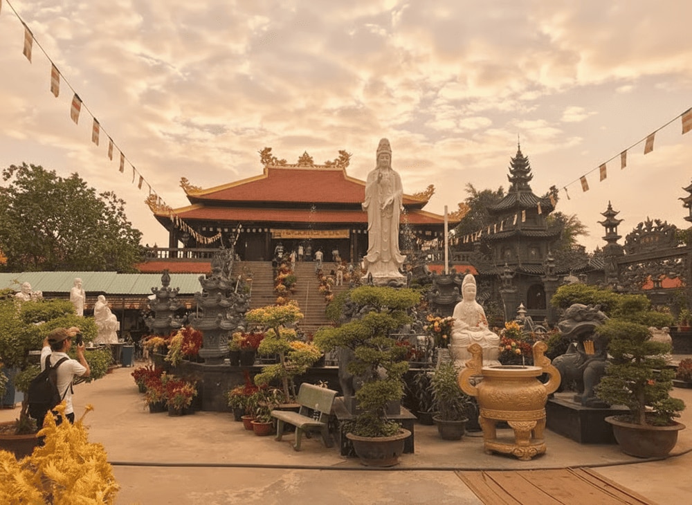 Chùa có nhiều cây xanh, tạo nên không gian mát mẻ và thanh tịnh.