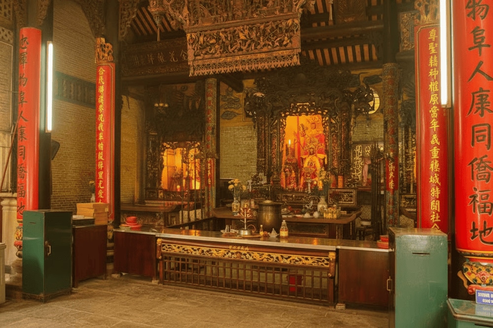 Hai bên tượng Bà Thiên Hậu là Bà Kim Hoa và Bà Long Mẫu