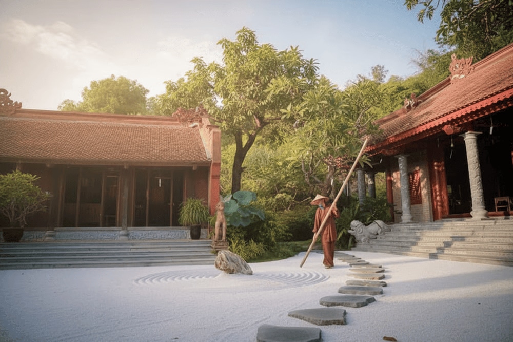 Sân sỏi trắng tinh khôi với 12 vòng tròn nhân duyên