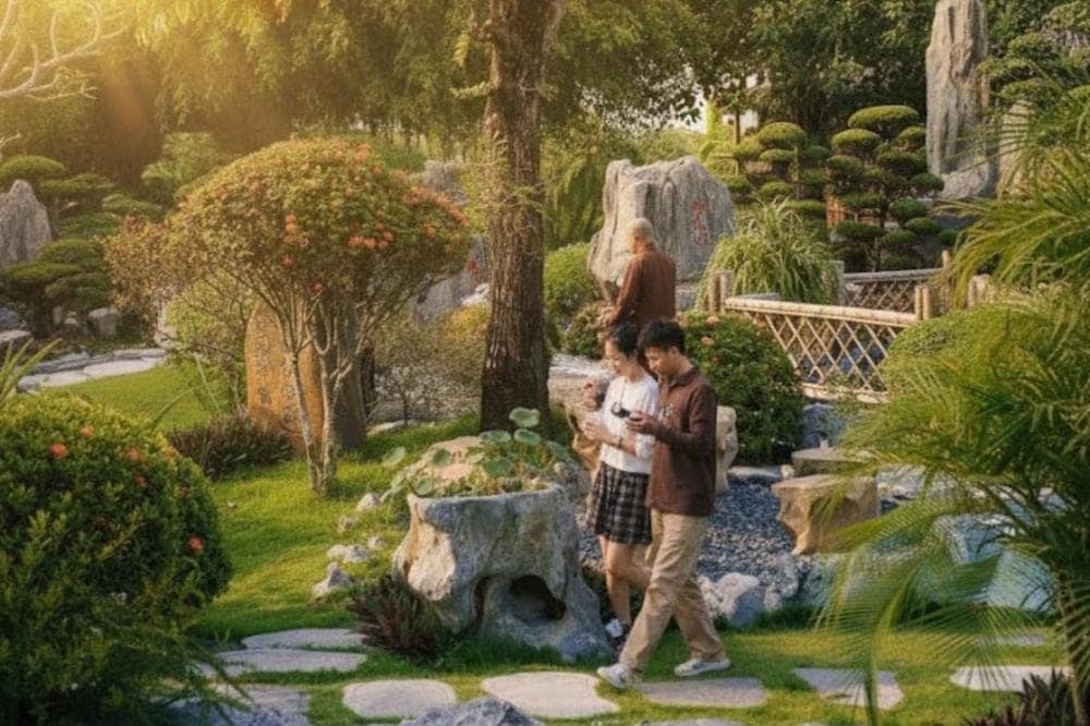 Trong khuôn viên bên ngoài chùa được bố trí nhiều bàn đá để du khách nghỉ ngơi, thưởng trà và ngắm cảnh.