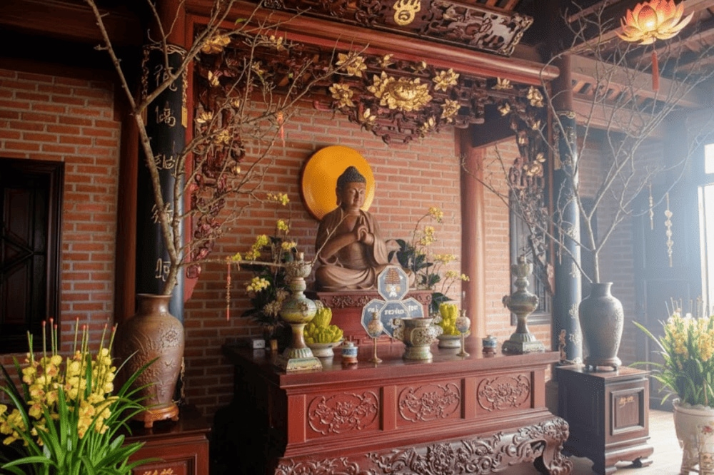 Tượng Phật an nhiên trong không gian thờ tự, được trang trí với hoa tươi và đồ thờ cúng tinh xảo, tạo cảm giác trang nghiêm.