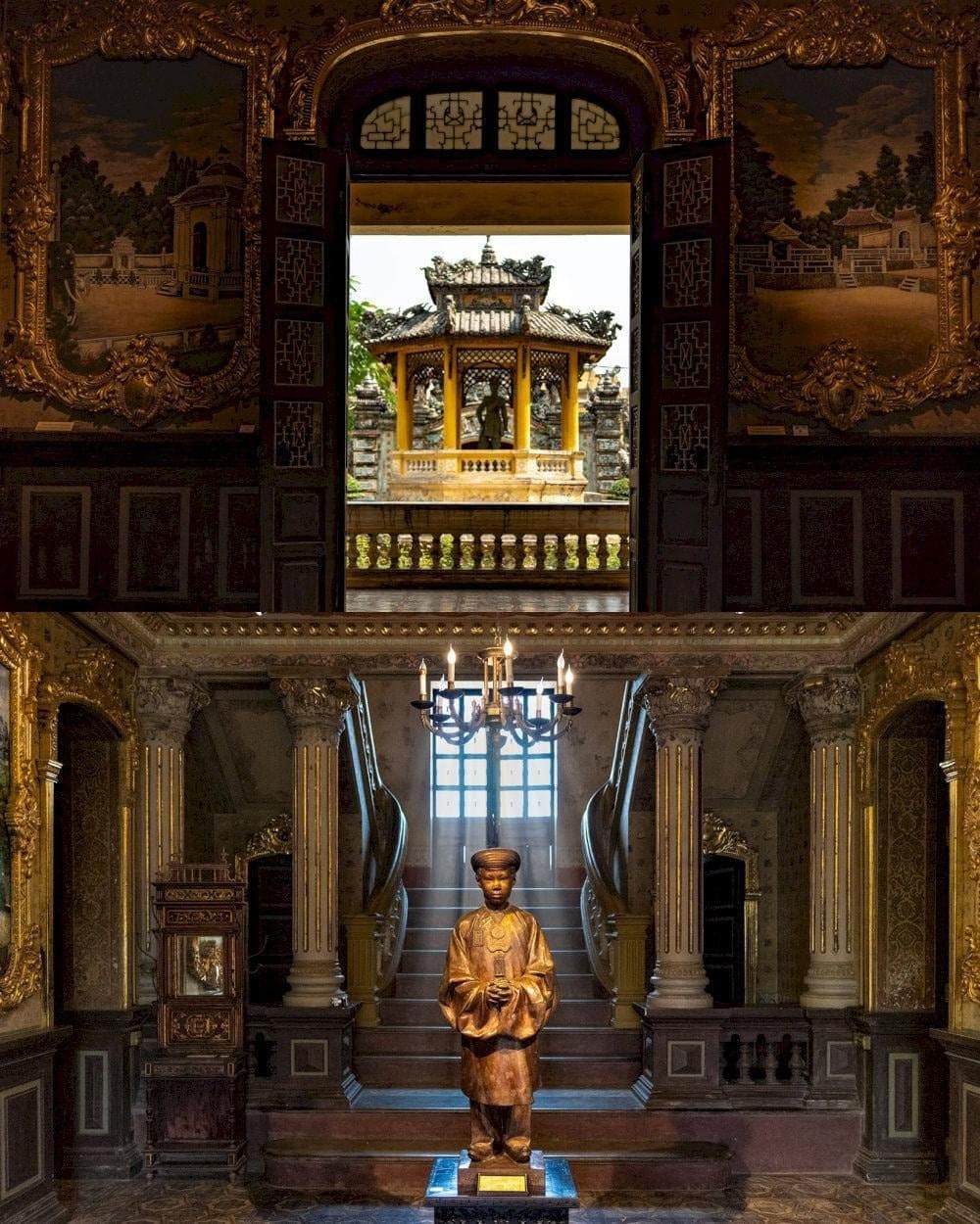 Khu vực đại sảnh nổi bật với những bức bích hoạ sống động và nội thất bài trí công phu