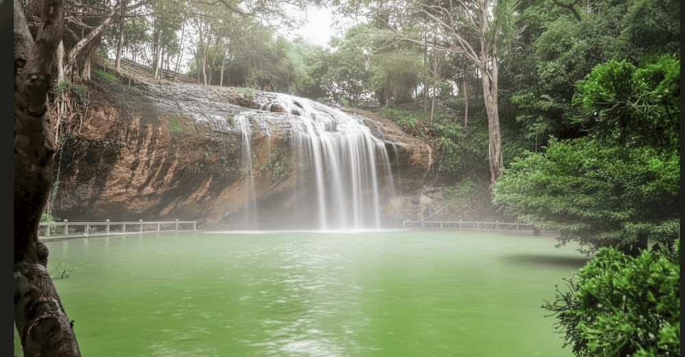 Hồ Prenn mang vẻ đẹp hoang sơ với dòng nước trắng xóa tung bọt giữa núi rừng xanh thẳm, tạo nên khung cảnh vừa hùng vĩ vừa thơ mộng