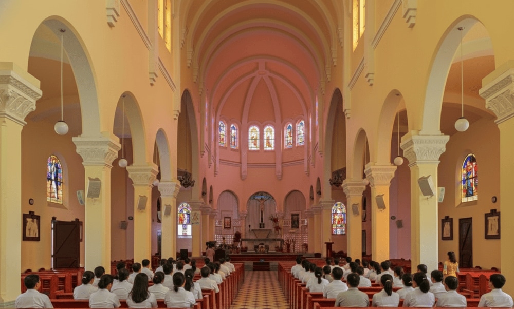 Không gian bên trong Nhà thờ Con Gà toát lên vẻ trang nghiêm, với những ô cửa kính màu và kiến trúc tinh tế