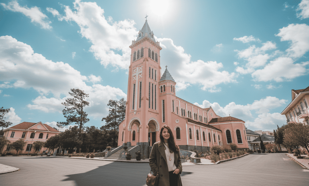 Nhà thờ Con Gà nổi bật với kiến trúc Gothic cổ kính và sắc hồng dịu dàng, là điểm đến yêu thích của nhiều du khách đến tham quan và chụp ảnh lưu giữ kỷ niệm