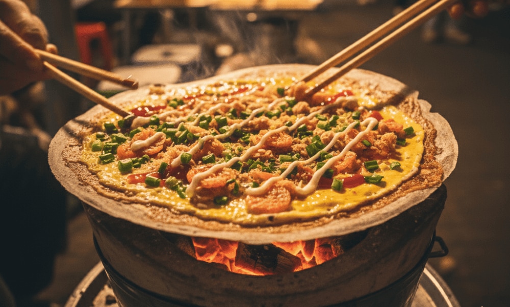 Bánh tráng nướng Đà Lạt giòn tan, bên trong là phần nhân được làm từ xúc xích, phô mai cùng các gia vị ăn kèm đậm vị