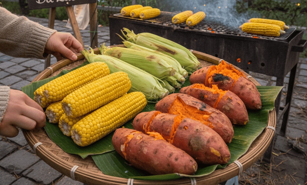 Bắp và khoai nướng là những món ăn vặt đặc sản không thể bỏ qua khi đến Đà Lạt