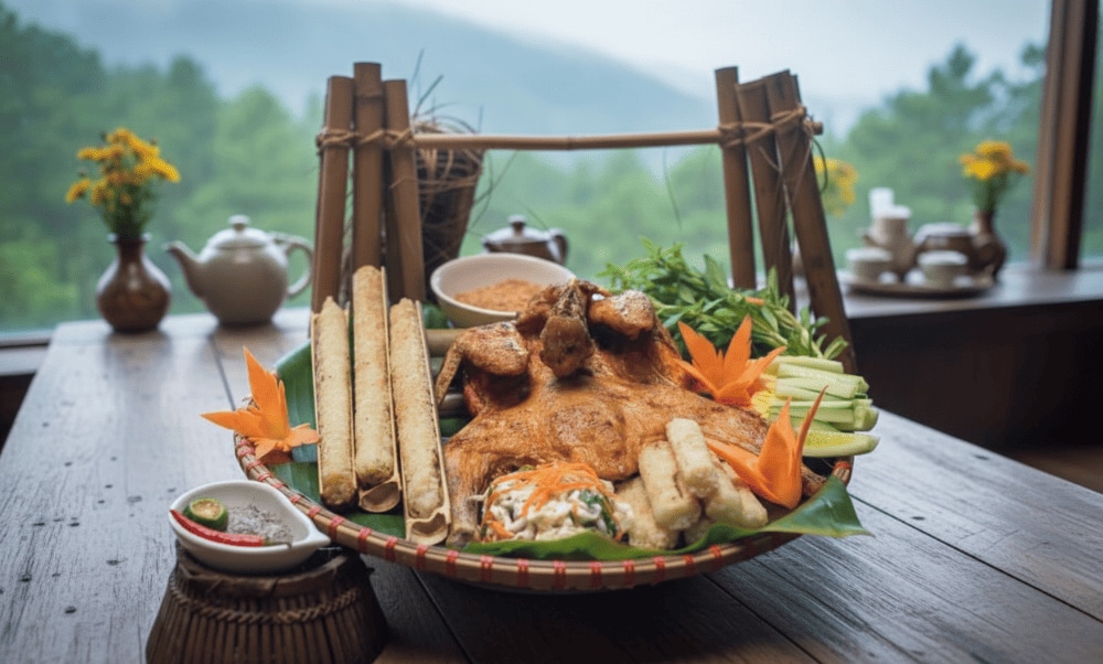 Gà nướng cơm lam là đặc sản nổi tiếng tại Đà Lạt với hương vị đậm đà của gà nướng và thơm béo của cơm lam