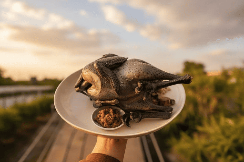 Thịt gà đặc sản với lớp da đen, thịt săn chắc và hương vị đậm đà