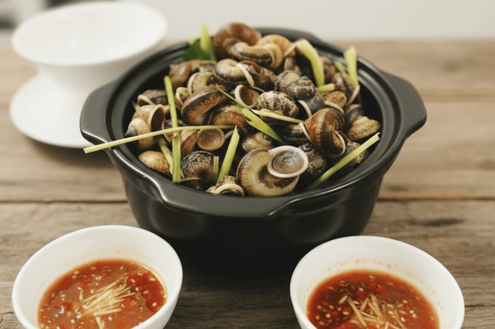 Một phần ăn ốc núi hấp sả tại nhà hàng Thăng Long, Ninh Bình
