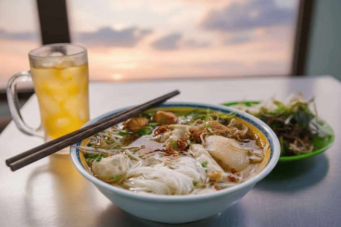 Tô bún mọc Kim Sơn với nước dùng trong veo, ăn kèm với các loại rau gia vị theo mùa, tạo nên hương vị đậm đà, thơm ngon