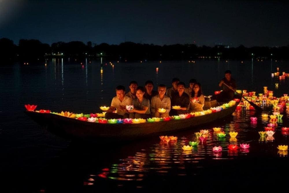 Hoạt động thả hoa đăng trên sông Mộc, mang đậm nét văn hóa tâm linh và ước nguyện an lành.