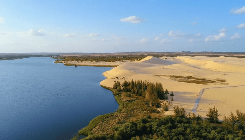Khung cảnh độc đáo với sự kết hợp giữa đồi cát mênh mông và hồ nước rộng lớn
