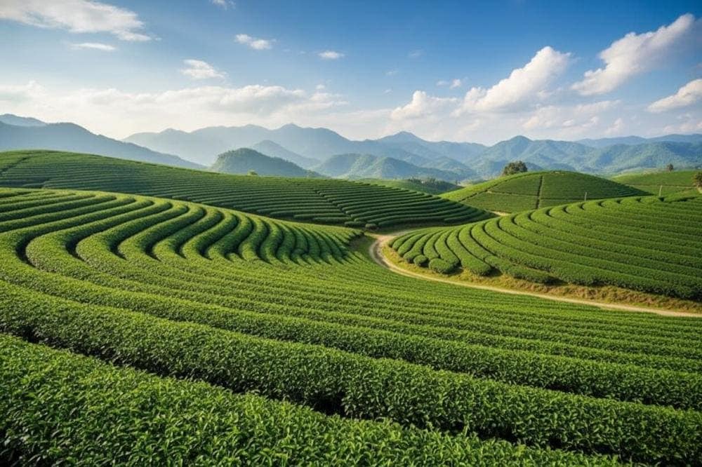 Khi sương còn giăng nhẹ vào sáng sớm, khung cảnh đồi chè thơ mộng đến ngỡ ngàng