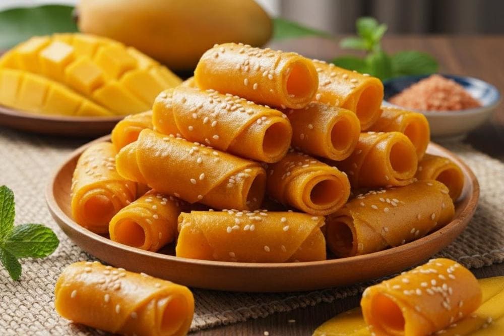 Những miếng bánh tráng xoài vàng óng ả thơm ngon.