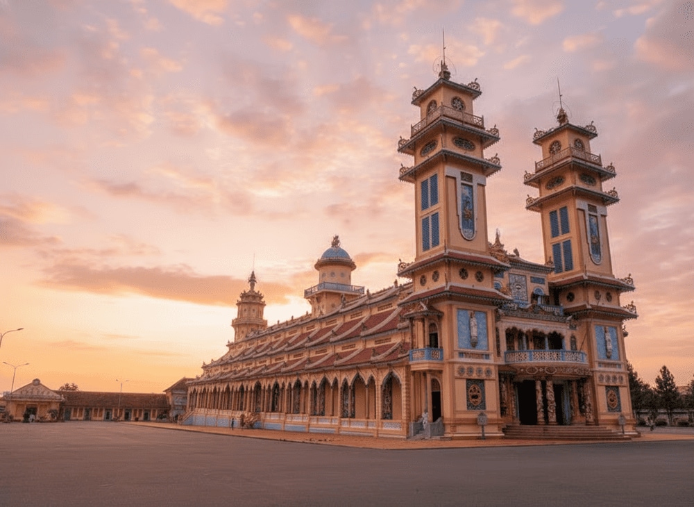 Phong cách kiến trúc độc đáo với màu sắc nổi bật của Tòa Thánh Tây Ninh