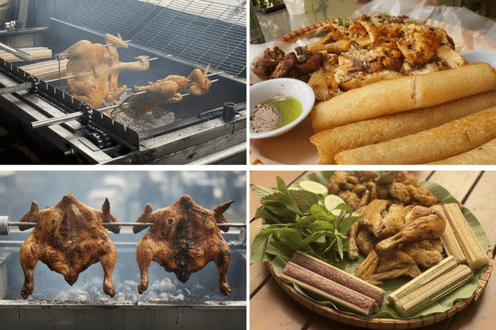 Gà nướng vàng giòn thơm phức, thịt mềm ngọt thấm vị, ăn kèm cơm lam dẻo thơm