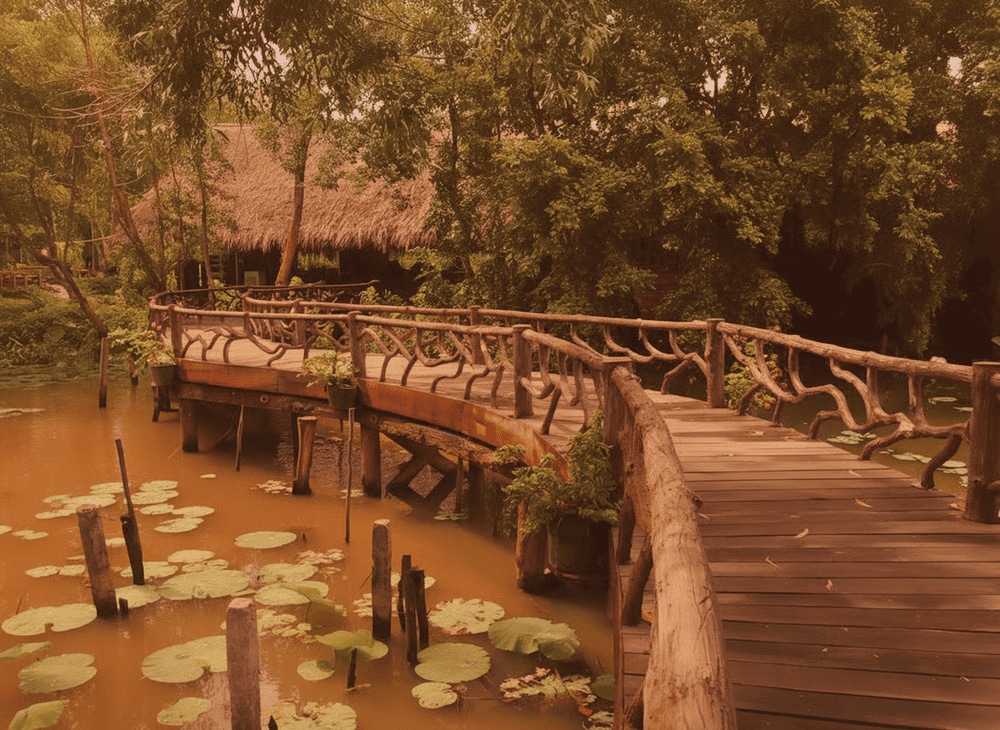 Cầu gỗ bắc ngang con rạch giúp du khách đi bộ khám phá rừng tràm thuận tiện