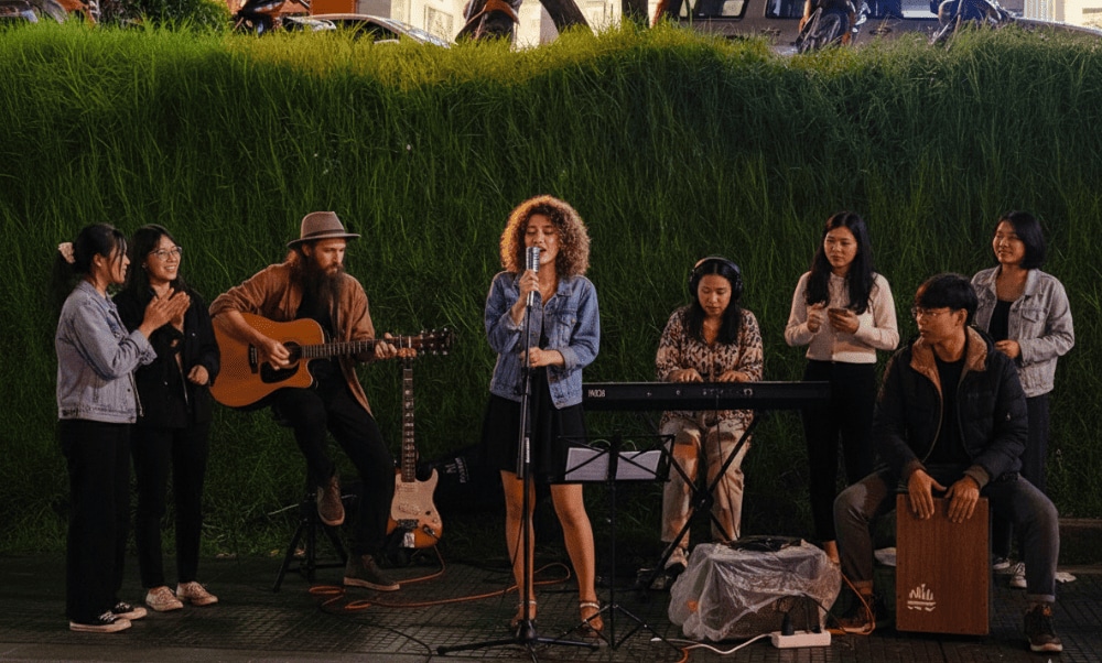 Ban nhạc đường phố biểu diễn quanh khu vực hồ Xuân Hương về đêm