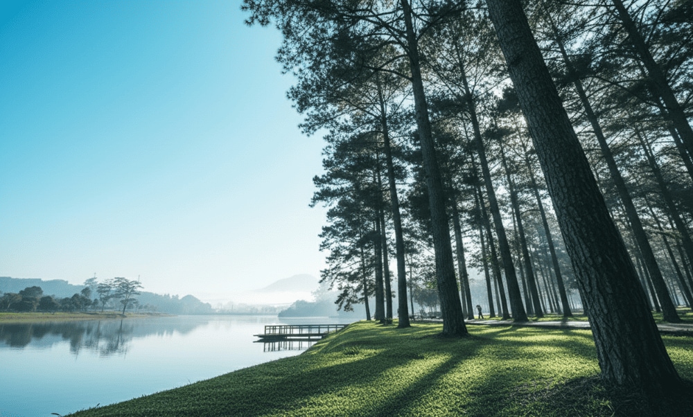 Hồ Xuân Hương mang vẻ đẹp bình yên với mặt nước phản chiếu màu trời trong xanh