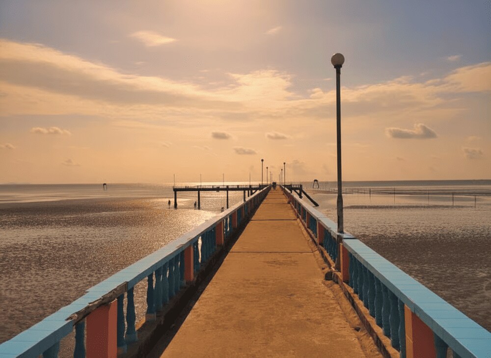 Đứng trên cầu tàu hướng ra biển, khi thuỷ triều rút, du khách có thể thấy bãi bồi hiện ra lấp lánh dưới nắng