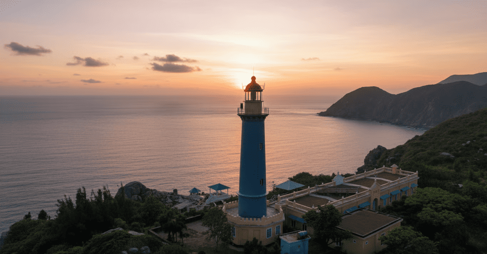 Từ độ cao của hải đăng, cảnh biển mở ra trước mắt đầy hoang sơ và tráng lệ