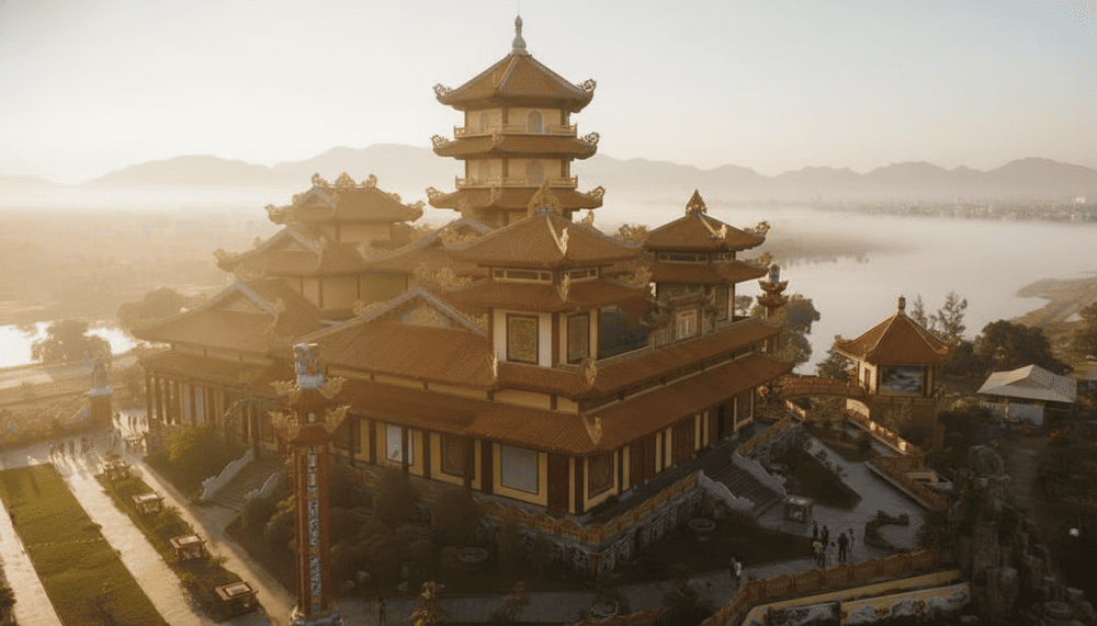 Chùa Quan Thế Âm tọa lạc giữa lòng Ngũ Hành Sơn, bao quanh là biển xanh bát ngát mang đến cảm giác thanh tịnh, yên bình