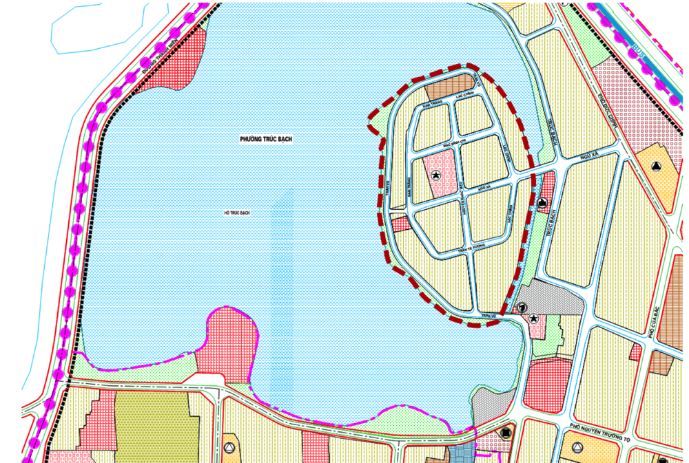 Khu phố đi bộ Đảo Ngọc - Ngũ Xã (đánh dấu đỏ) nằm ven hồ Trúc Bạch (Nguồn: Báo Chính phủ)