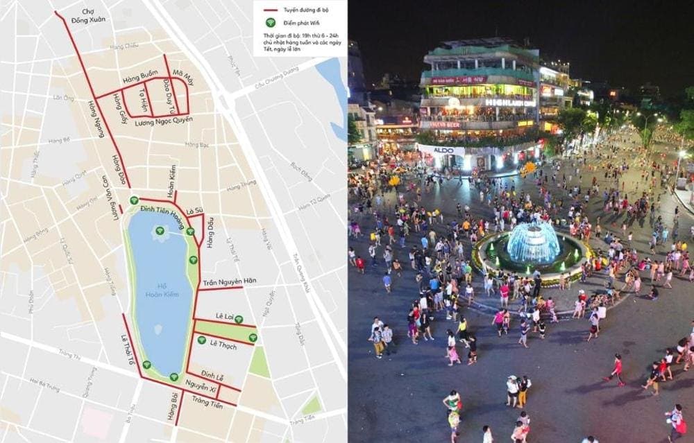 Phố đi bộ hồ Hoàn Kiếm kết nối với khu vực phía Nam tuyến đị bộ phố cổ, tạo thành một không gian văn hoá - giải trí rộng lớn